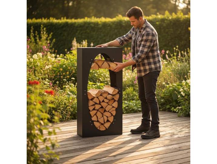 Porte-bûches en bois noir 50x23x100 cm, robuste, pour l'extérieur, support de rangement pour bûches pour jardin, terrasse et cour