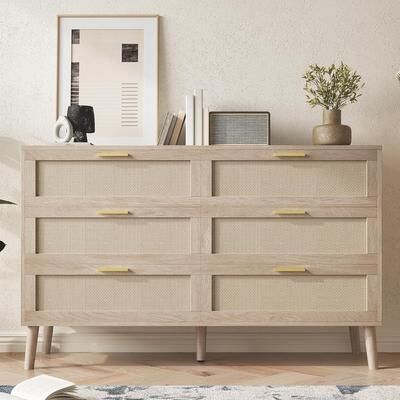 YUN 6 Drawer Dresser for Bedroom, Natural Rattan Chest with Gold Metal Handles, Farmhouse Style Storage Cabinet for Hallway