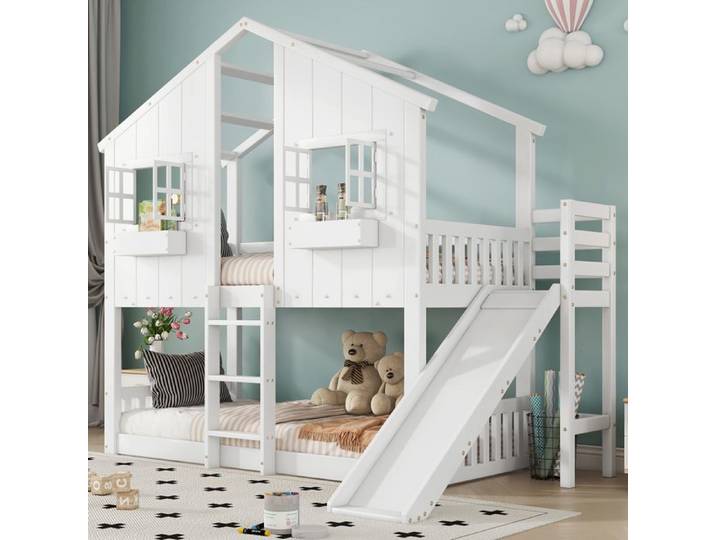 Lit superposé - ZEVKOR - Lit superposé Enfant 2 Places 90×200 cm - Toboggan - Cabane avec toit - Sans matelas