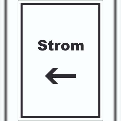 HB-Druck Strom Aufkleber mit Text und Richtungspfeil links Anschluss hochkant A6 (105x148mm)