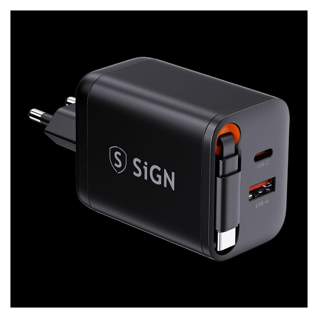 SIGN GaN Fast Charger USB-C/USB-A 40W with extendable USB-C cable - Black (40 W) (SN-TC-40B)