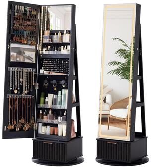 Mega Casa 360° Swivel Jewelry Cabinet with Full-Length Mirror, Lockable Storage & Rear Shelves