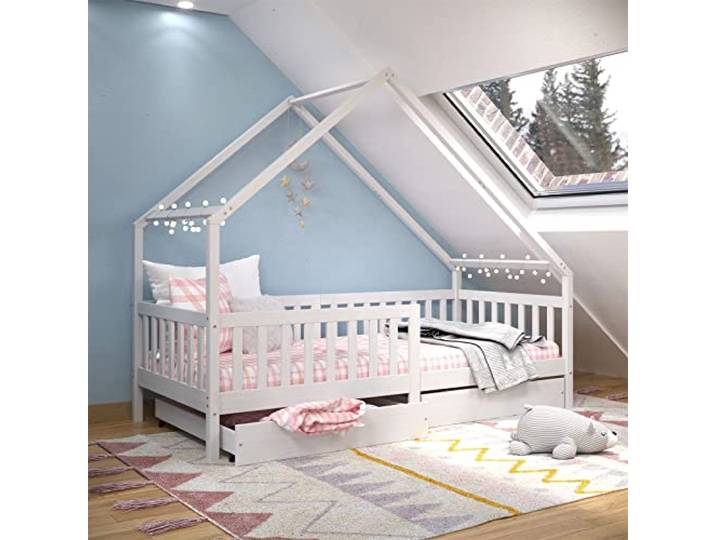 IDIMEX Hausbett ALVA aus Kiefer Massivholz, weiß - Kinderbett mit Dach, Tipibett mit Schubladen, Kinderzimmer Bett, Bodennahes Bett Montessori, ideal für Dachschrägen