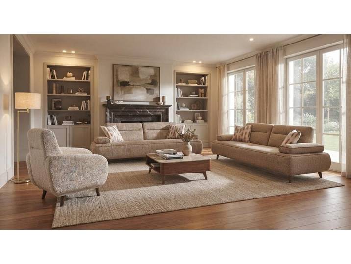 JVmoebel Polstergarnitur Stilvolles Beiges Sofa Set Designer 3-Sitzer Sofas Polstersessel, (2-tlg., 2-tlg)