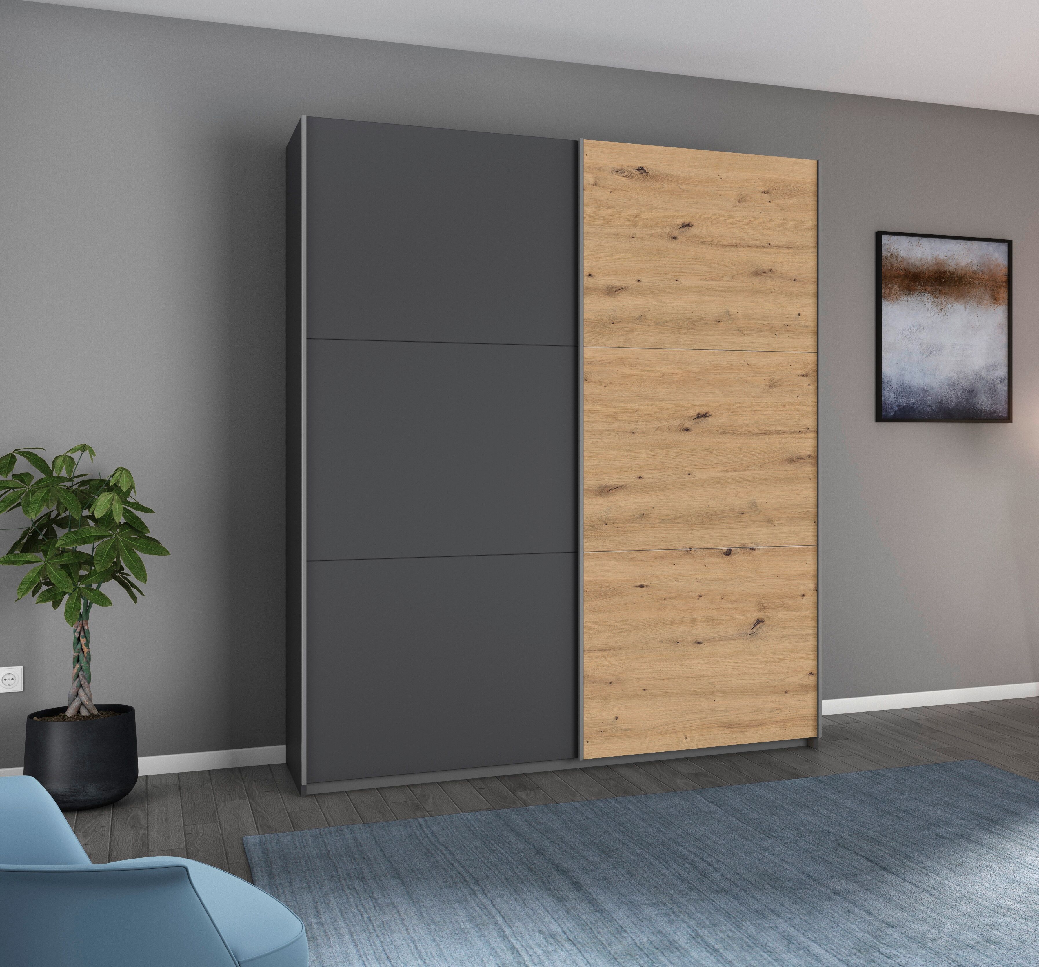Schwebetürenschrank RAUCH "AURELIO Kleiderschrank Garderobe", grau (graumetallic, eiche artisan), B:175cm H:210cm T:59cm, Holzwerkstoff, Schränke, Schwebetürenschrank, 3 verschiedene Ausstattungsvarianten Griffe aus Metall MADE IN GERMANY graumetallic, ei