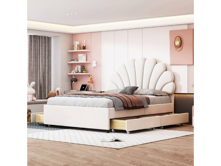 Lit Coffre 140x200cm - Tête de lit fleurie - Velours - Beige