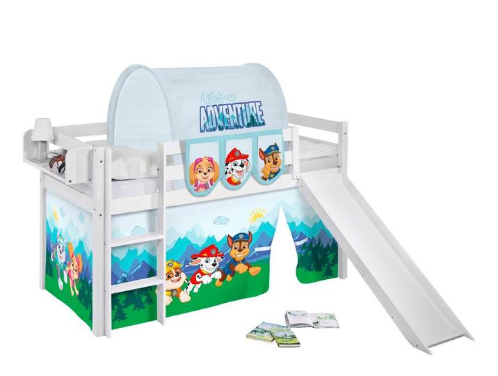 Lilokids Hochbett JELLE mit Rutsche und PAW PATROL Vorhang - Kinderbett & Spielbett inkl. Rutsche und 2tlg. Vorhang