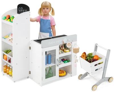 Costway Kids Grocery Store Playset Convertible Wooden Play Store with Shopping Cart-White