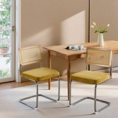 Set of 2 Velvet Dining Chairs with Cane Rattan Back, Chrome Cantilever Frame Kitchen Accent Chairs