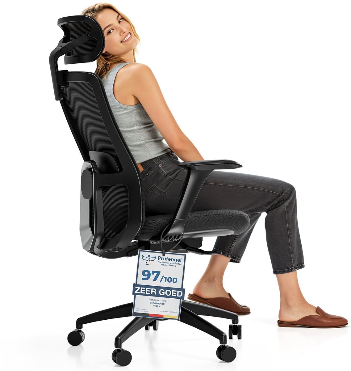 Desktronic SitOne Ergonomische Bureaustoel voor volwassenen met 4D lendensteun en 4D armleuningen, Zwart
