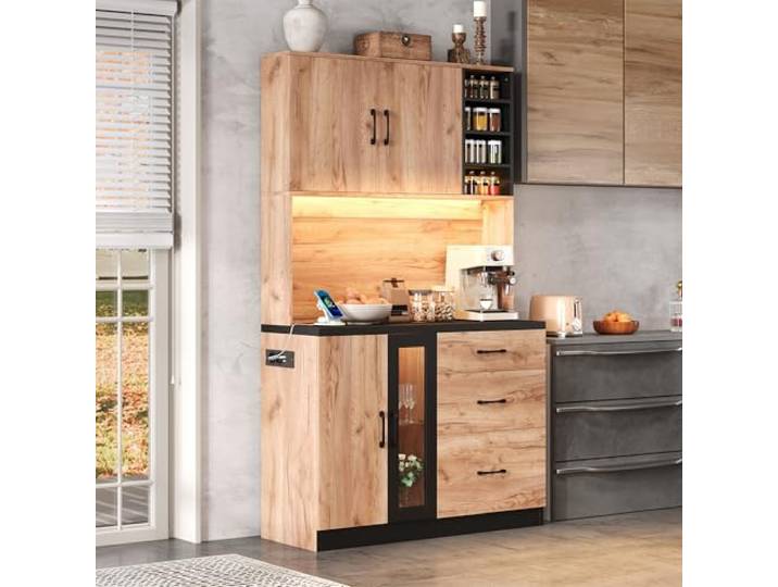 BTM 180cm Hochschrank mit LED Küchen Buffetschrank Küchenschrank Vitrinenschrank Aufbewahrungsschrank, Schwarz und Holzoptik