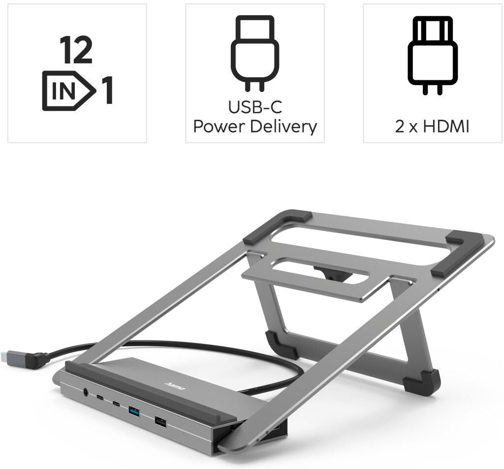 Hama Laptop-Dockingstation "USB-C Docking Station, Stand Notebook Halterung 12Ports für Laptop", grau (anthrazit), B:220mm H:94mm T:240mm, Dockingstationen, 4x USB-A, 3x USB-C,2x HDMI, 1x DisplayPort, 1x LAN, 1x 3,5mm Audio Aux, Laptop-Dockingstation