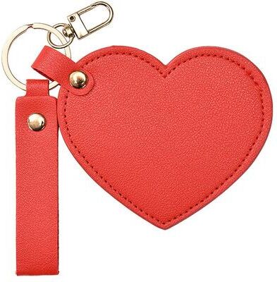 Fusion Finds Heart Compact Mirror Keychain Portable Travel Makeup Mirror With PU Leather Case For Purse & Gifts red