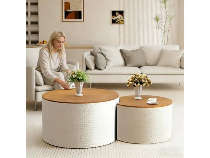YYZIWYUN Runde Beistelltische in Trommelform Fürs Wohnzimmer, 2Er-Set Geriffelte Holz-Couchtische, Modernes Rundes Beistelltisch-Set Für Landhauswohnung, Büro,Weiß