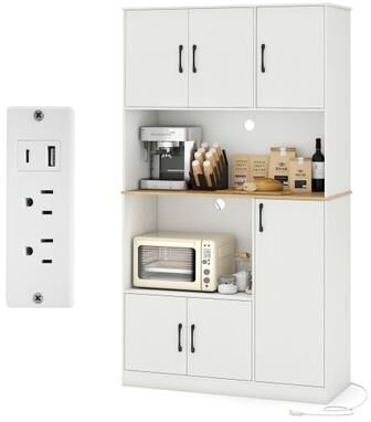 "Costway 71"" Tall Kitchen Pantry Cabinet with Charging Station Wooden Buffet Cupboard Sideboard-White"
