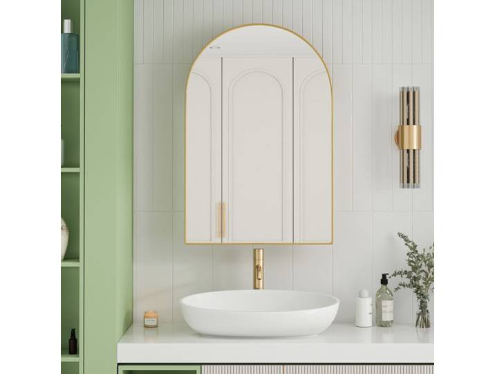 WOVREO Armoire de Salle de Bain avec Miroir arquée dorée cadre métal installation murale ou encastrée 91 x 61 x 12cm