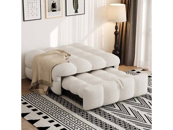 Canape Convertible Lit 2 en 1 Pouf tissu teddy moelleux Beige