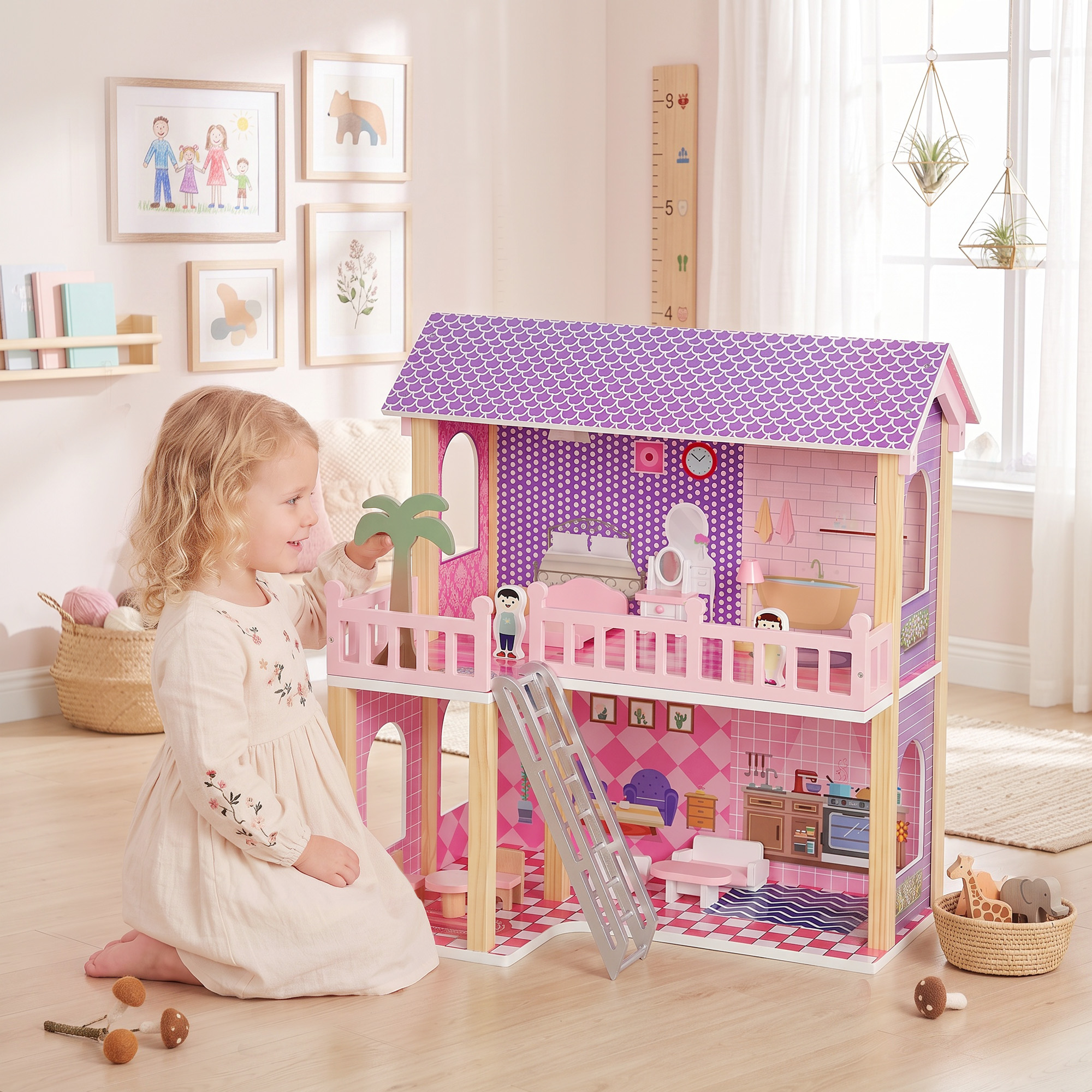 Aiyaplay Casa delle Bambole in Legno per Bambini, 2 Piani, 11 Mobili e 2 Bambole, Regalo per Ragazze 3-6 Anni, Rosa   Aosom Italy
