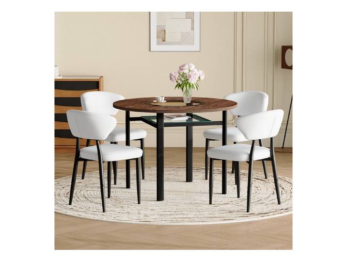 STILVORA Essgruppe Runder Tisch-Set mit 4 weißen PU-Sesseln und Tisch in Holzoptik