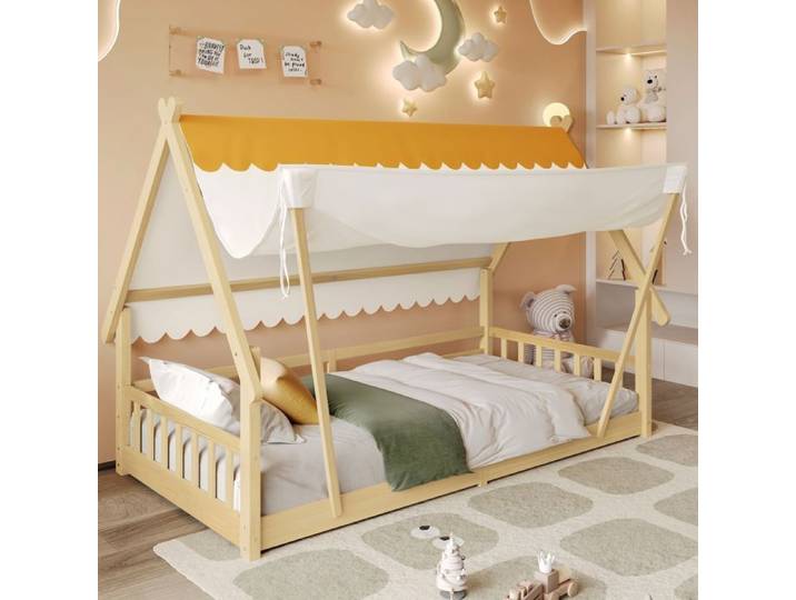 Lit simple enfant 90x200 cm avec barrières de sécurité sommier à lattes tente amovible design cabane en rondins - bois naturel