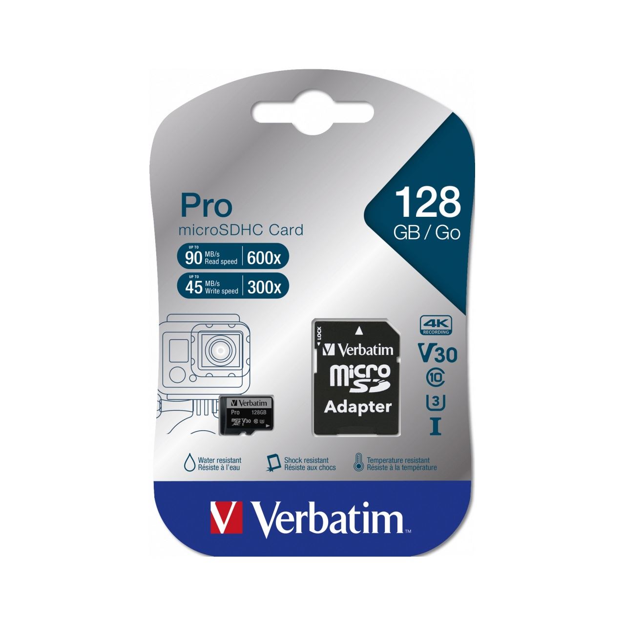 128GB Verbatim microSDXC-Card Pro U3, UHS-3, 4K UHD (R) 90MB/s, (W) 45MB/s, SD Adapter