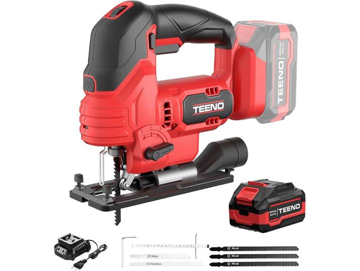 TEENO Scie Sauteuse Sans Fil pour Batterie Makita 20 V\, 800-3000 SPM Scie Sauteuse Laser\, Inclinaison ± 45°\, 6 vitesses\, LED\, coupe du bois\,Métal