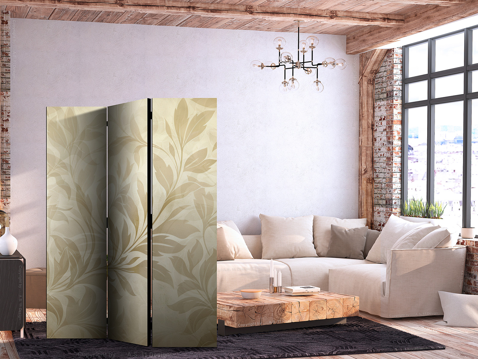 home24 Kamerscherm Botanical Leaves beige B: 135 cm, H: 172 cm