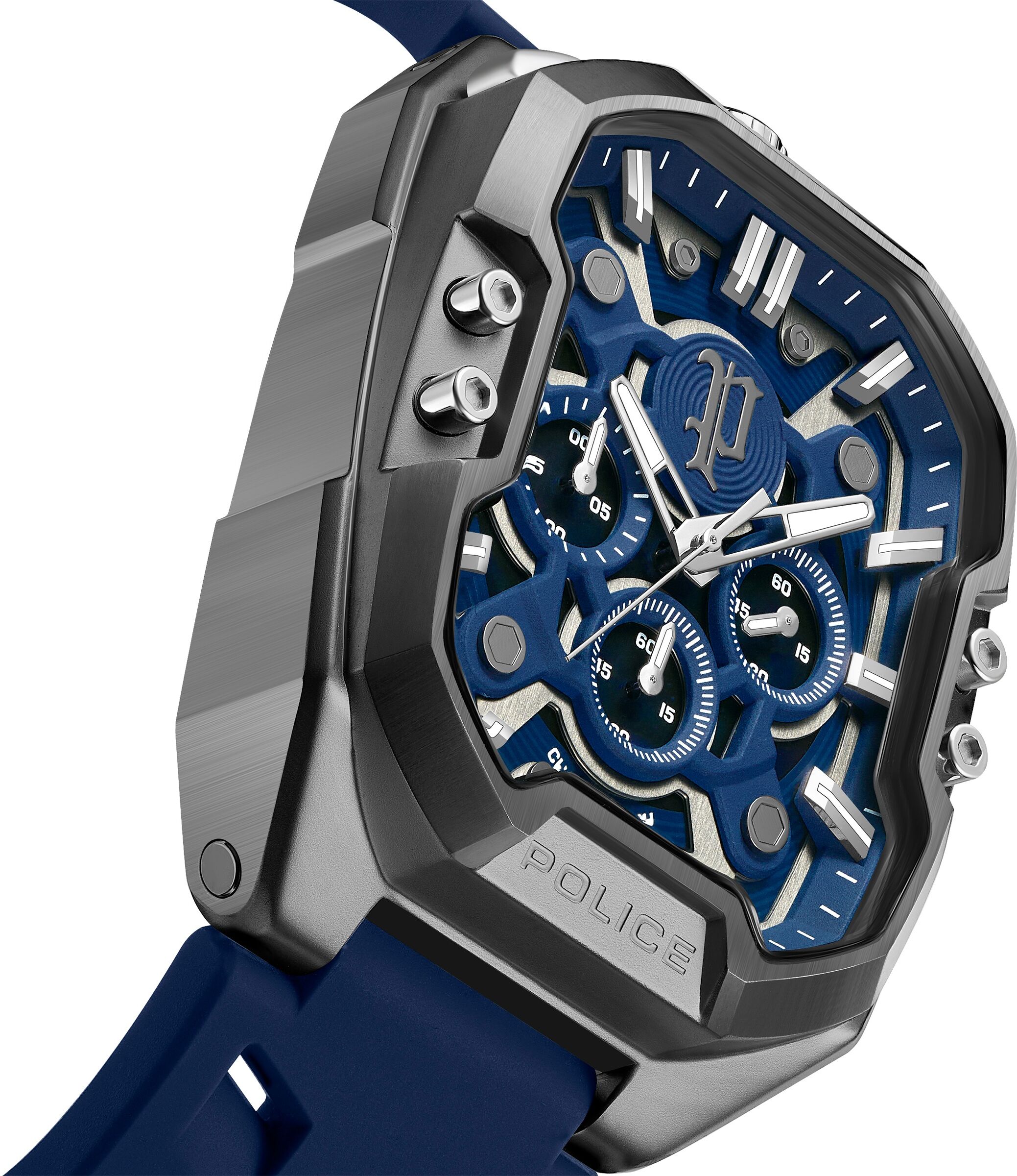 Chronograph POLICE "Bullhead", blau (blau, blau), Armbanduhren, Herren, grau, Chronograph, Quarzuhr, Armbanduhr, Herrenuhr, Lederarmband, analog, Stoppfunktion