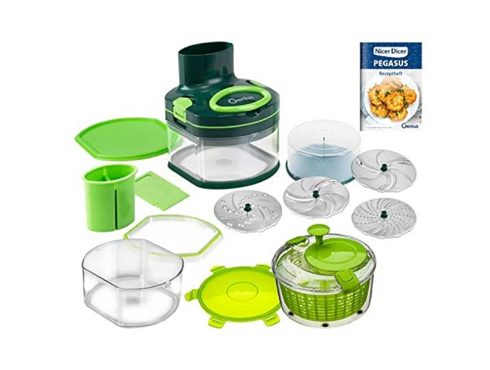 Genius Nicer Dicer Pegasus Gemüsezerkleinerer Deluxe-Set 20-tlg Handzugdeckel geringer Kraftaufwand Gemüseschneider für schnelles & sicheres Arbeiten + Salatschleuder…, Grün