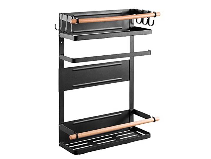 Maclean MC-910 Étagère magnétique pour réfrigérateur/machine à laver avec porte-rouleau et 6 crochets amovibles Noir Jusqu'à 12 kg