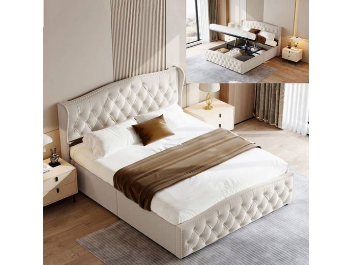 Lit 140x200 cm - lit adulte 140x200 cm - tissu en Velours - cadre de lit adulte - structure de lit - Beige