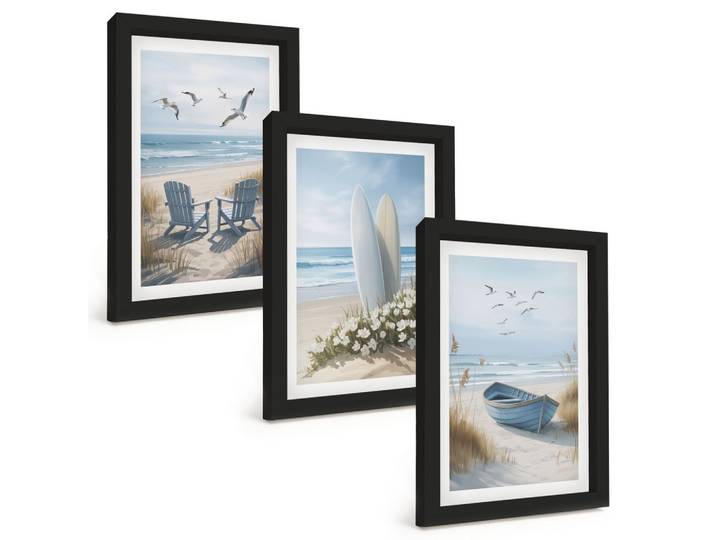 BILDER SET 3er Set - 20x30 cm Schwarzer Rahmen - Strand Surfbretter Vögel