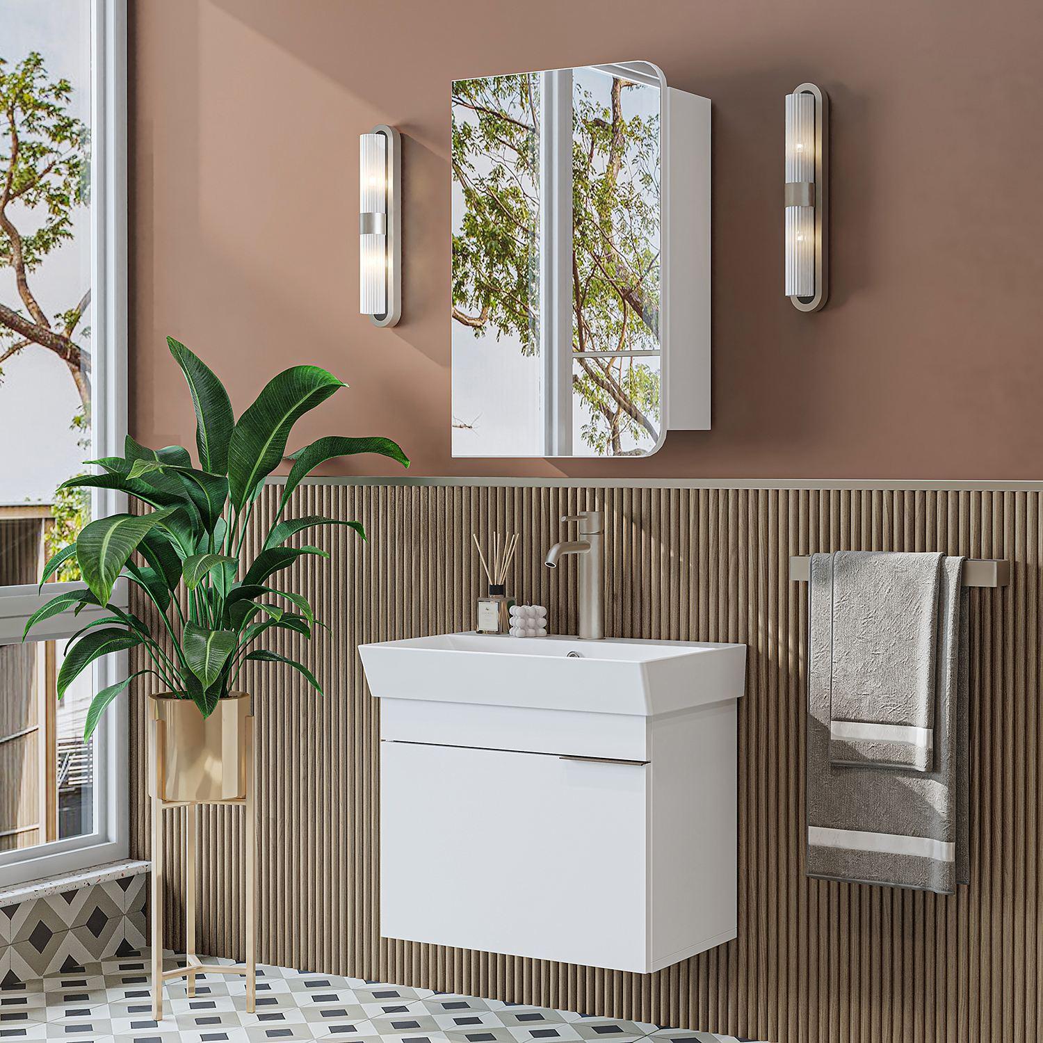 Skye Decor, Hochwertiger Badschrank mit Waschbecken & Spiegelset, Weiß, 100% MDF