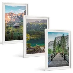 BILDER SET 3er Set - 40x60 cm Weißer Rahmen - Berglandschaft See Brücke