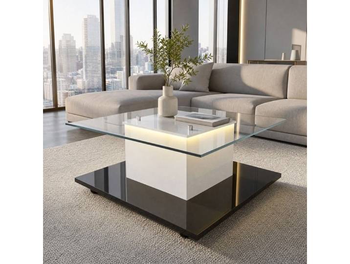 Table basse - ZEVKOR - Carrée - Plateau verre trempé - LED réglable - Roulettes