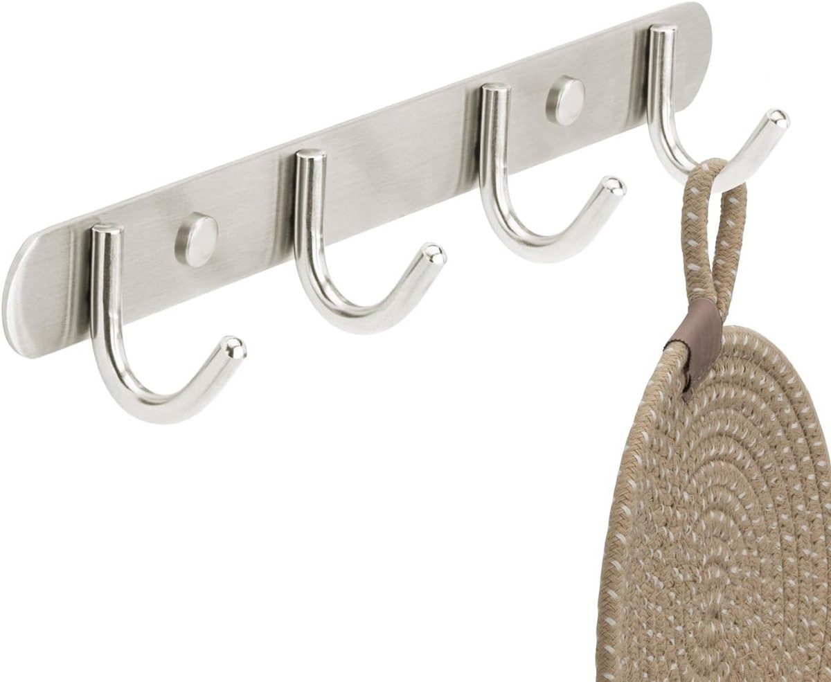 Geborstelde RVS Haaklijst met 4 Haken Wandgarderobe, Breedte: 27 cm