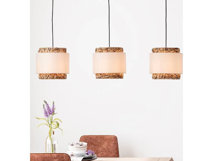 Suspension BRILLIANT à 3 lumières WATERLILLY suspension naturelle en jacinthe d'eau Ø 35 cm Hauteur : 140 cm Largeur : 110 cm Tissu/jacinthe d'eau/métal 3 douilles E27 max. 60 W noir/marron/blanc