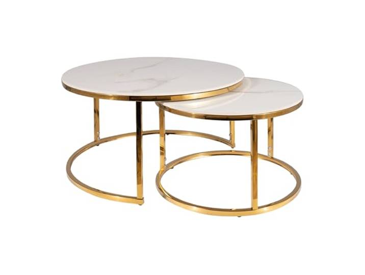 SIGNAL MEBLE, PORTAFINO, Couchtisch, 2-teilig, Keramik-Tischplatte, Luxus Couchtisch Set, Gold-Metallgestell, Ø60/45cm, Weiß/Gold