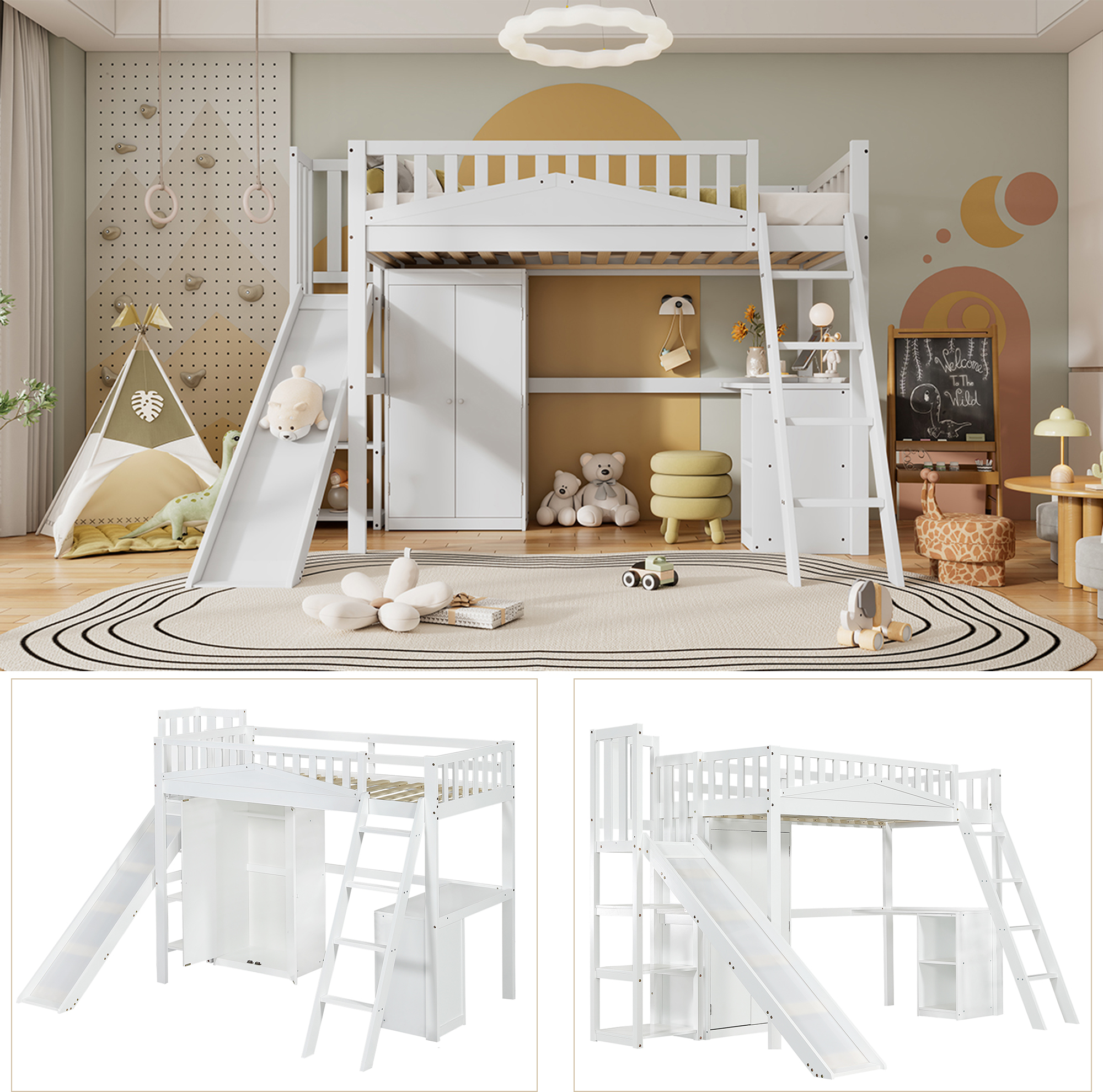 Etagenbett, Kinderbett, mit Fallschutzgitter, mit Tisch und Kleiderschrank, Reichlich Stauraum, Mit vierstufiger Leiter, Kiefer+MDF+Sperrholz,