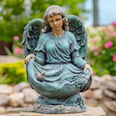 Zaer Ltd "24"" Tall Kneeling Angel Child Statue and Birdbath in Antique Bronze"