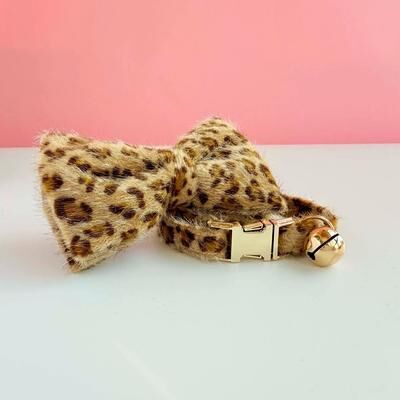 Inspired Finds Personalized Leopard Print Cat Collar With Name Tag & Bell Adjustable Plush Kitten Collar collar Bow l