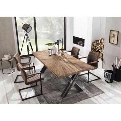 Esstisch SIT "Skopje Recyceltes Teakholz mit Sonnen-Design & X-Gestell aus Metall", beige (natur), B:200cm, Tische, Rechteckiger Esstisch Esstisch Holz-Esstische, Massives Teakholz trifft markantes X-Gestell