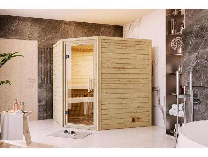 Woodfeeling Sauna Mia (Eckeinstieg), Ganzglastür, klar, Ofen 9 kW externe Steuerung easy