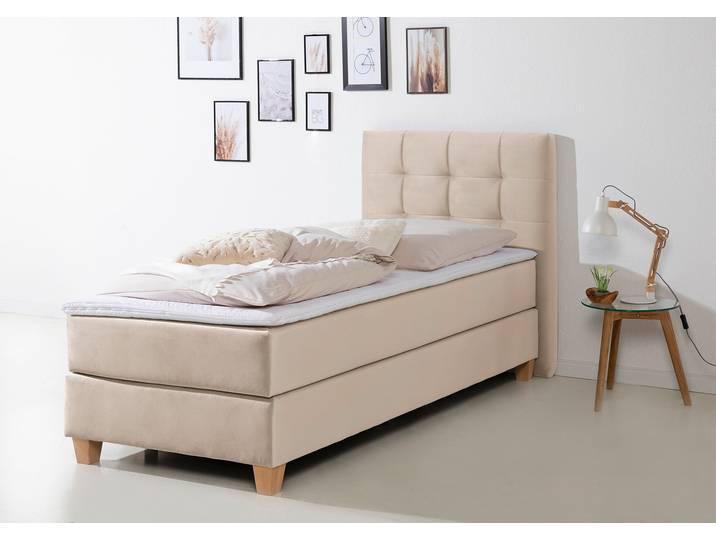 Boxspringbett, Beige, 104x211 cm, Samt, Inkl. Topper & TFK, Klassisch, Home-affaire
