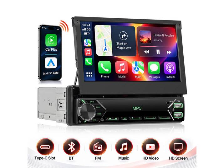 KAFMTOH 1DIN Autoradio 7 Zoll Touchscreen zum Klappen, CarPlay, BT, RDS Autoradio