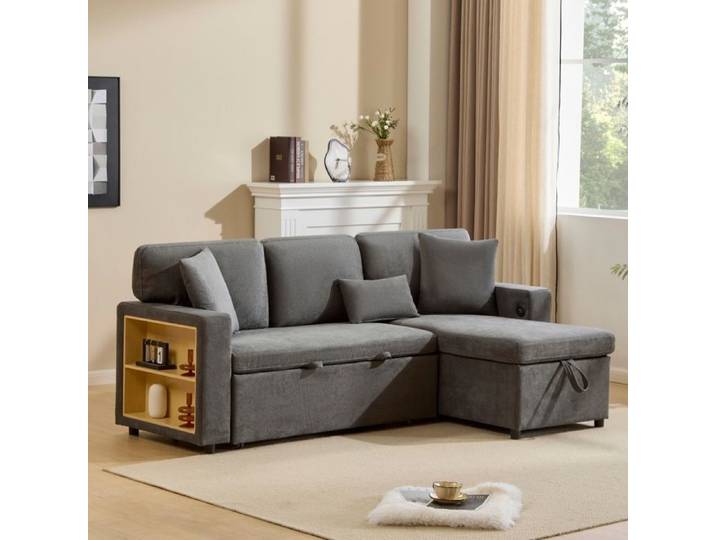 Bladez - Canapé d'angle convertible 4 places avec rangement intégré étagère latérale et USB – Gris foncé