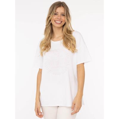 Kurzarmshirt ZWILLINGSHERZ "Oversized Shirt Stempeldruck "Moin", Damen, Gr. L/XL, weiß, Web, Obermaterial: 95% Baumwolle, 5% Elasthan, bedruckt, unifarben, oversize Po-bedeckend, Rundhals, Shirts, Kurzarm, tiefer Rundhalsausschnitt, Schriftzug,...