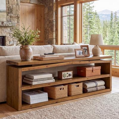 Bluebell 3-Tier Farmhouse Sofa Table Behind Couch with Open Shelves
