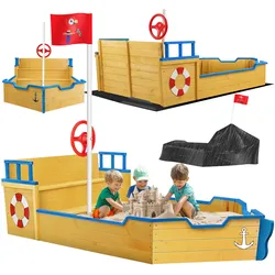 KIDIZ® Sandkasten Ahoi - Piratenschiff Boot Segelschiff aus Holz Inkl. Abdeckung, Bodenplane, Sitzbank, Flaggenmast, Sandspielzeug    Große Kinder Sandkiste für den Garten   Outdoor Sandbox