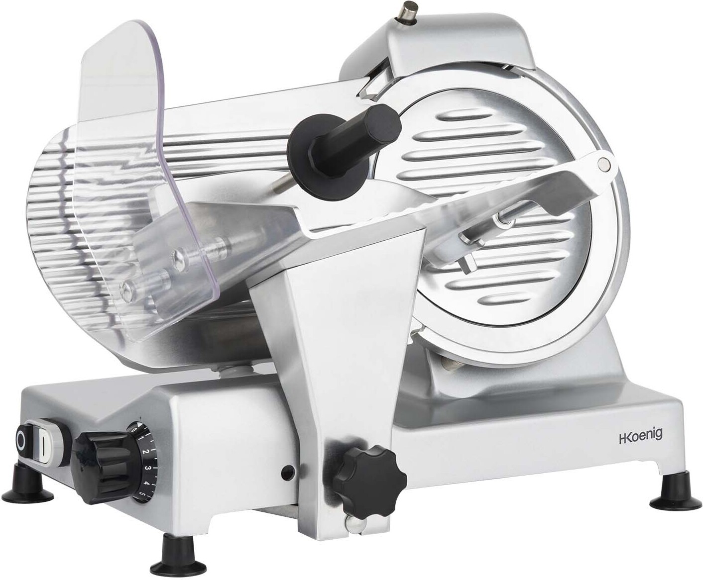 H.Koenig Alleschneider MSX220, professionell, präzise, Schnittstärke 0-12 mm, italienische Klinge 20 cm, eingebauter Schärfer, breite Platte, 282 rpm